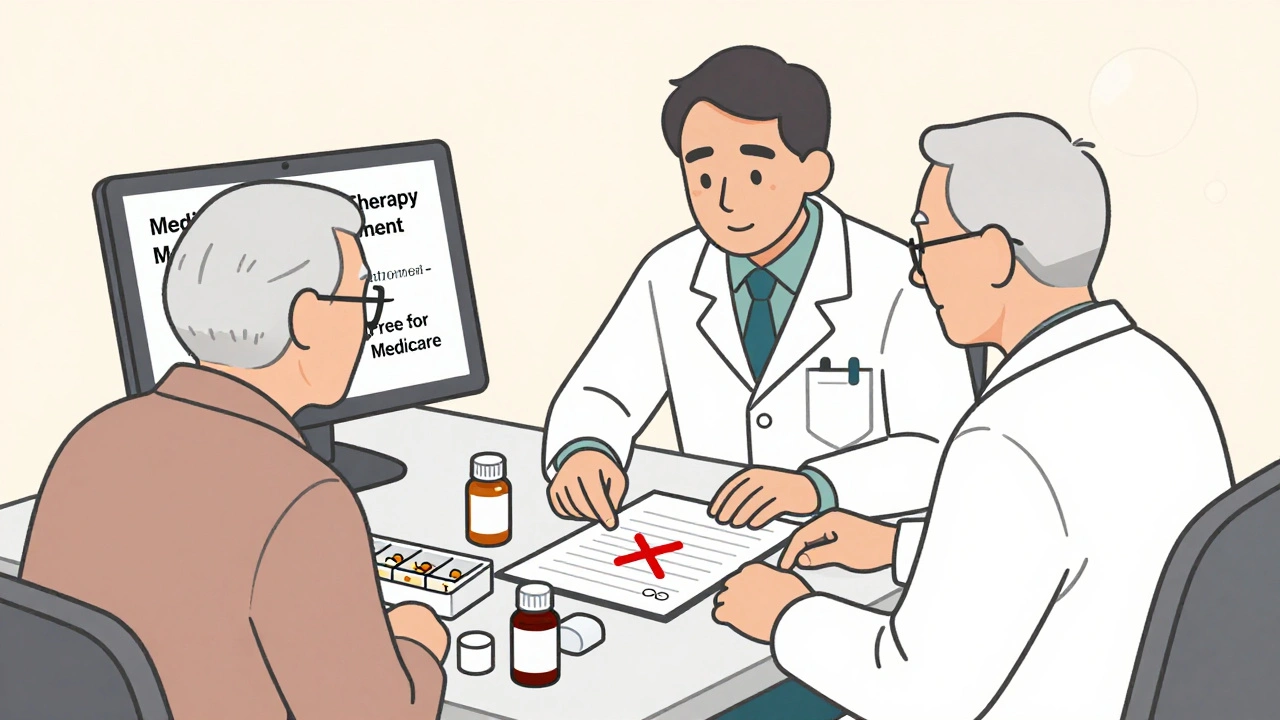 Pharmacist and senior reviewing medications together, with a pill organizer and checklist on the table.