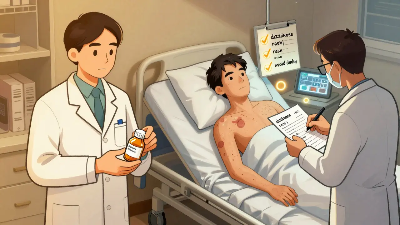 Pharmacist giving generic pill while patient suffers in hospital bed