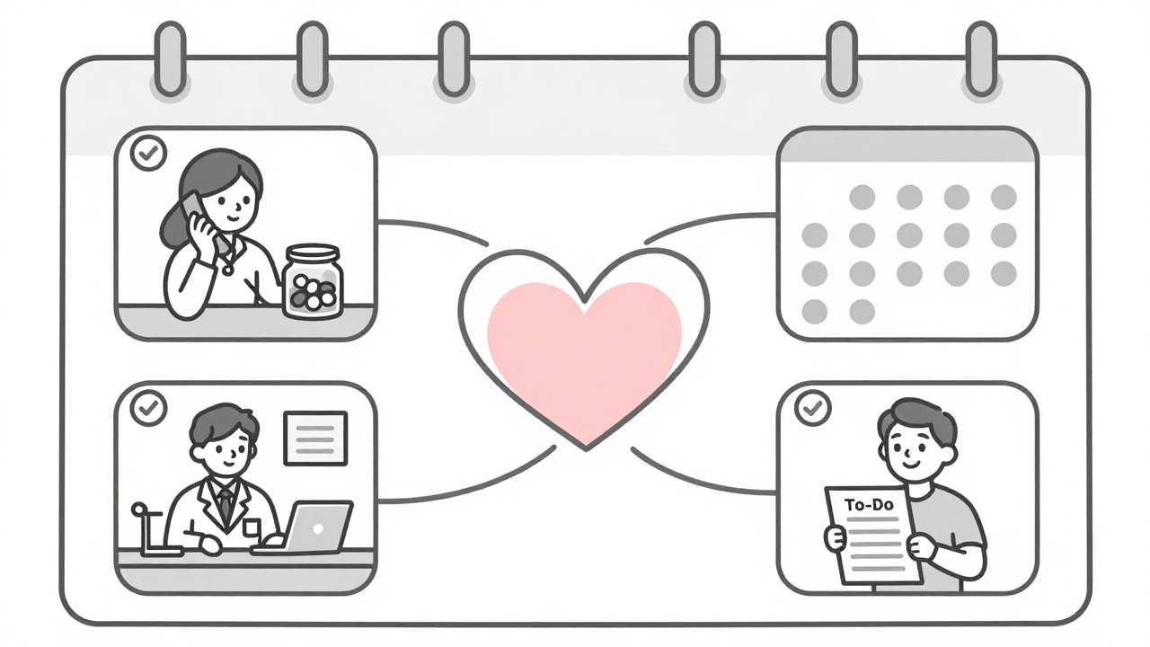 Quarterly check-in calendar with icons connected by a line forming a heart, symbolizing ongoing medication care.