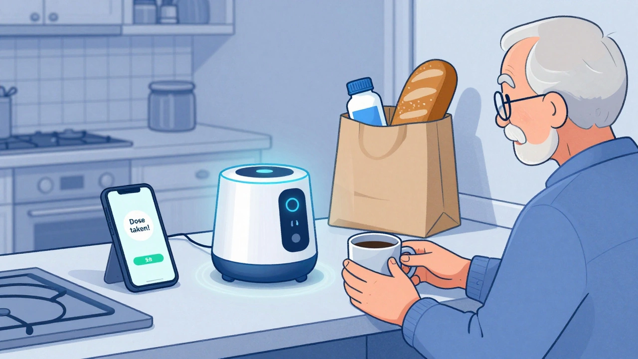 Smart pill dispenser glowing in a kitchen with insulin and bread side by side, family hand reaching in.