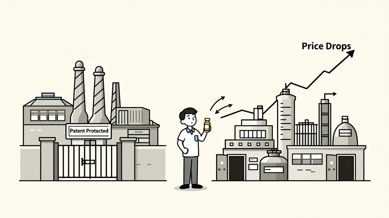 Split scene: one company making a branded drug vs. many making generics, with a price drop graph in the center.