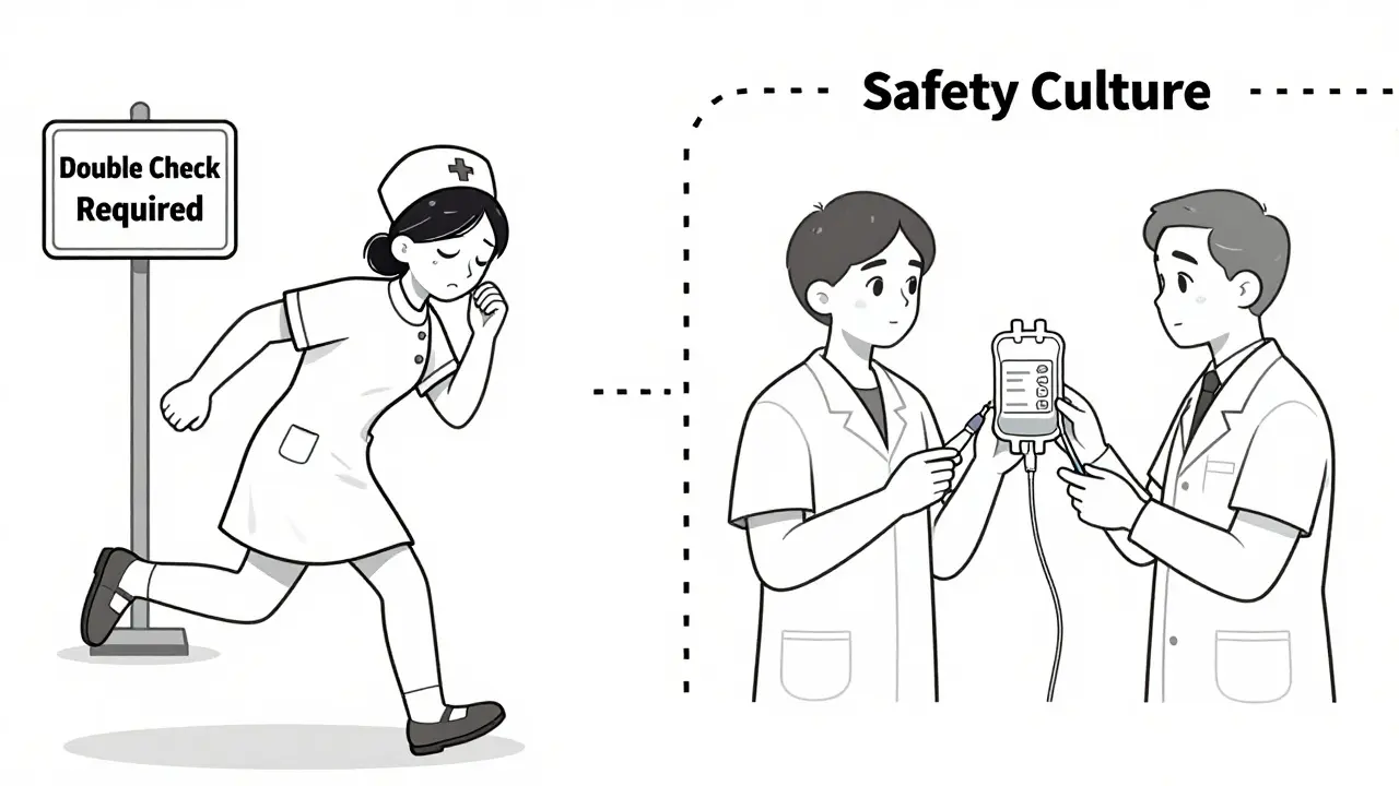 Split scene: rushed nurse vs. careful team verifying chemo bag, illustrating safety culture.