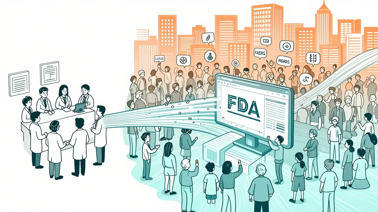 Split scene showing clinical trials on one side and millions of patients with data flowing to FDA systems.