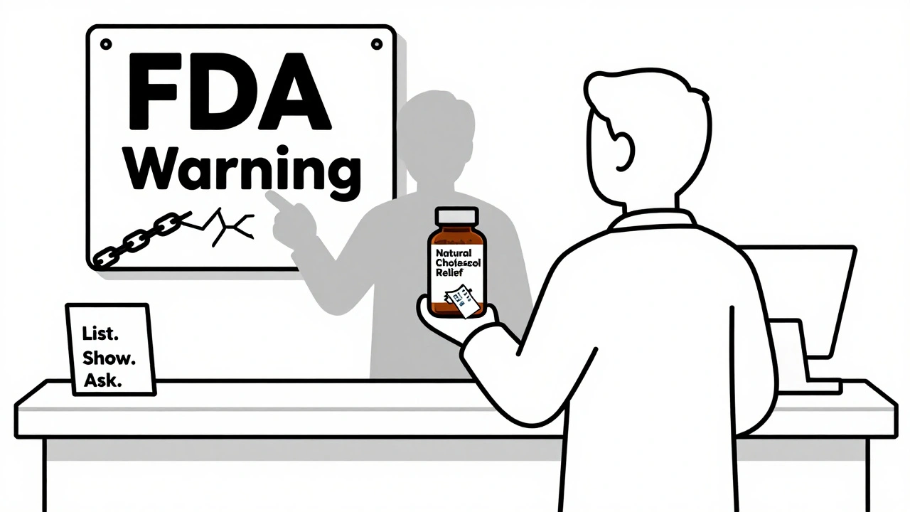 Supplement bottle with hidden prescription drug at pharmacy counter