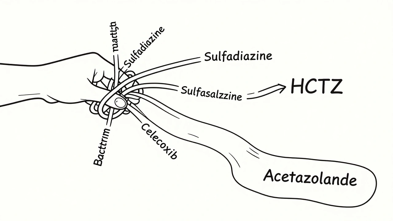 Tangled drug names being untangled while safe medications flow freely in monoline illustration.