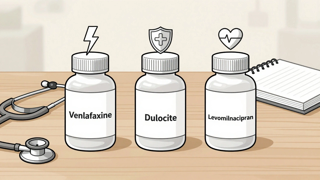 Three SNRI medication bottles with unique icons representing energy, pain relief, and heart rate effects.