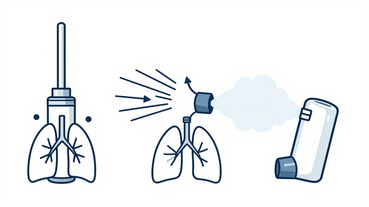 Three types of inhalers shown with airflow paths to lungs: MDI, DPI, and soft mist.