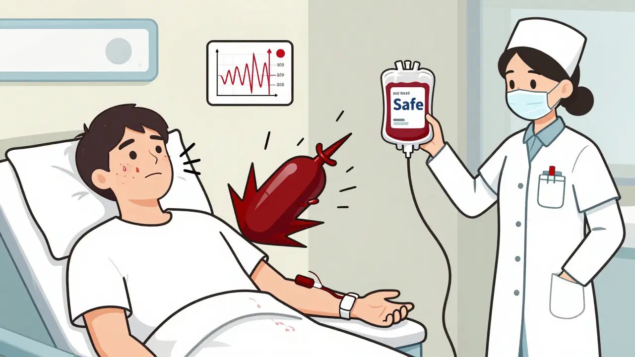 Transfusion reaction with exploding anti-IgA antibody and safe blood bag, illustrated in monoline.