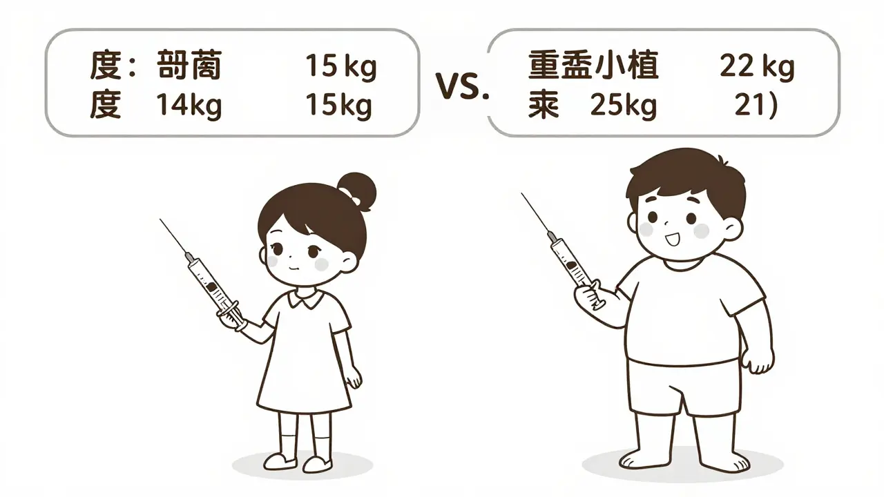 Two children of same age but different weights receiving different medicine doses based on body weight.