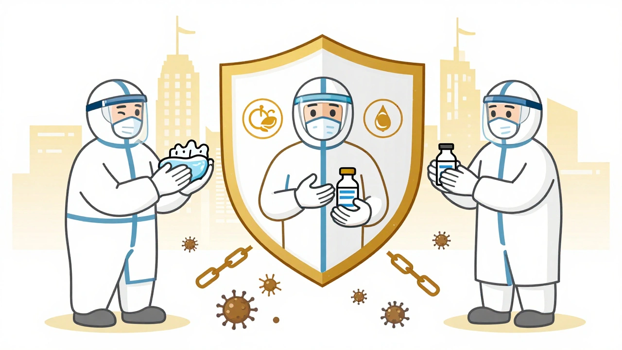 Vaccinated food workers forming a protective shield against hepatitis A.