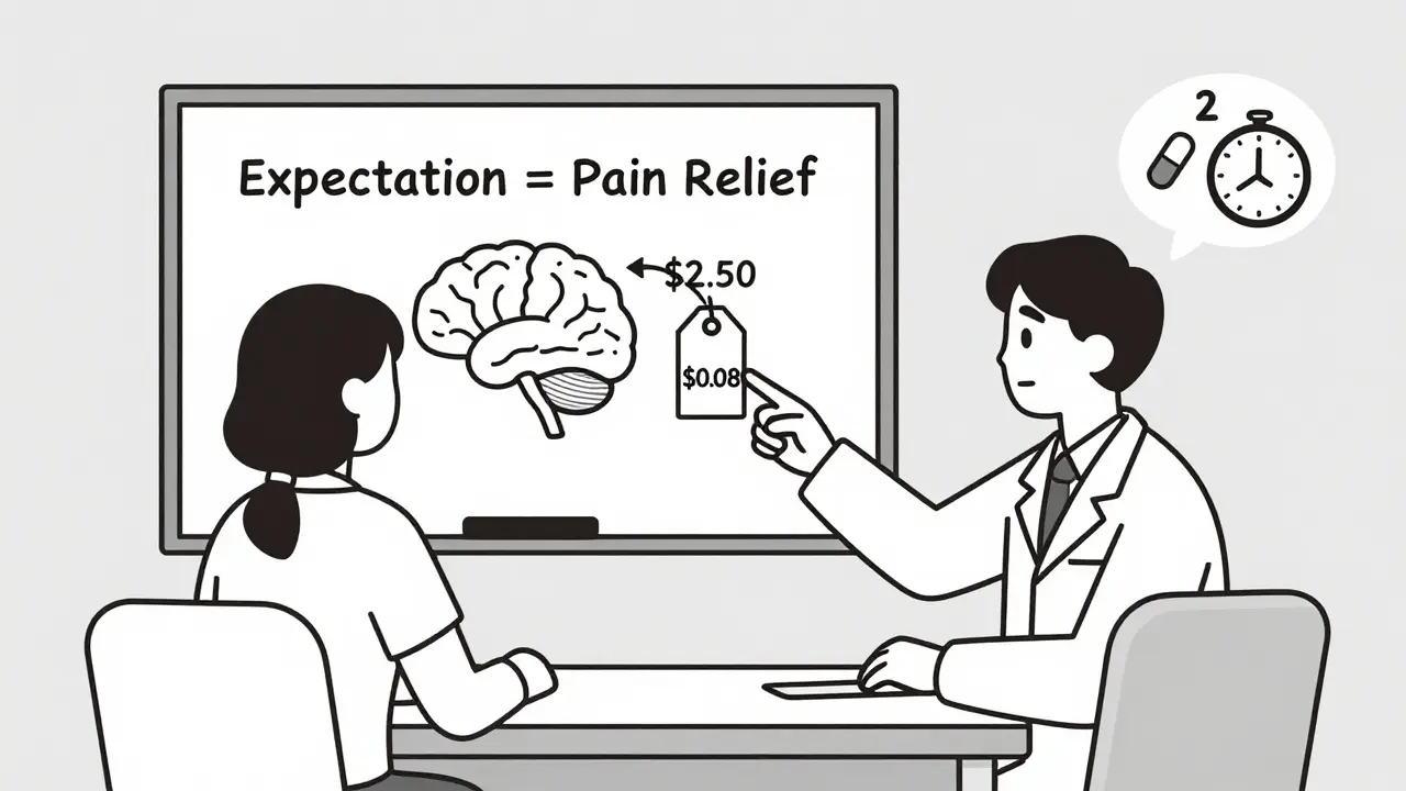 A doctor explains the psychological effect of generics to a patient using a simple brain diagram and price tag.