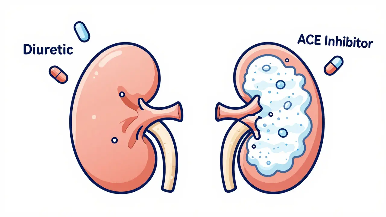 A kidney illustration showing salt retention and potassium loss due to licorice, with blood pressure meds nearby.