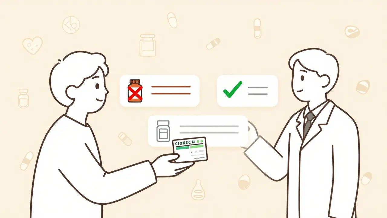 A patient and pharmacist exchanging a prescription, with two paths showing brand vs. generic drug costs.
