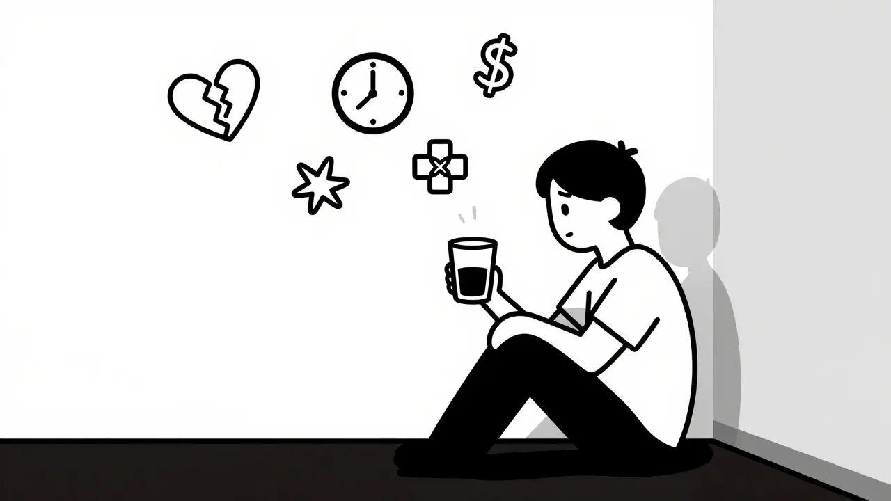 A person alone in a room with floating symbols of addiction's consequences: broken heart, clock, money, and phone.