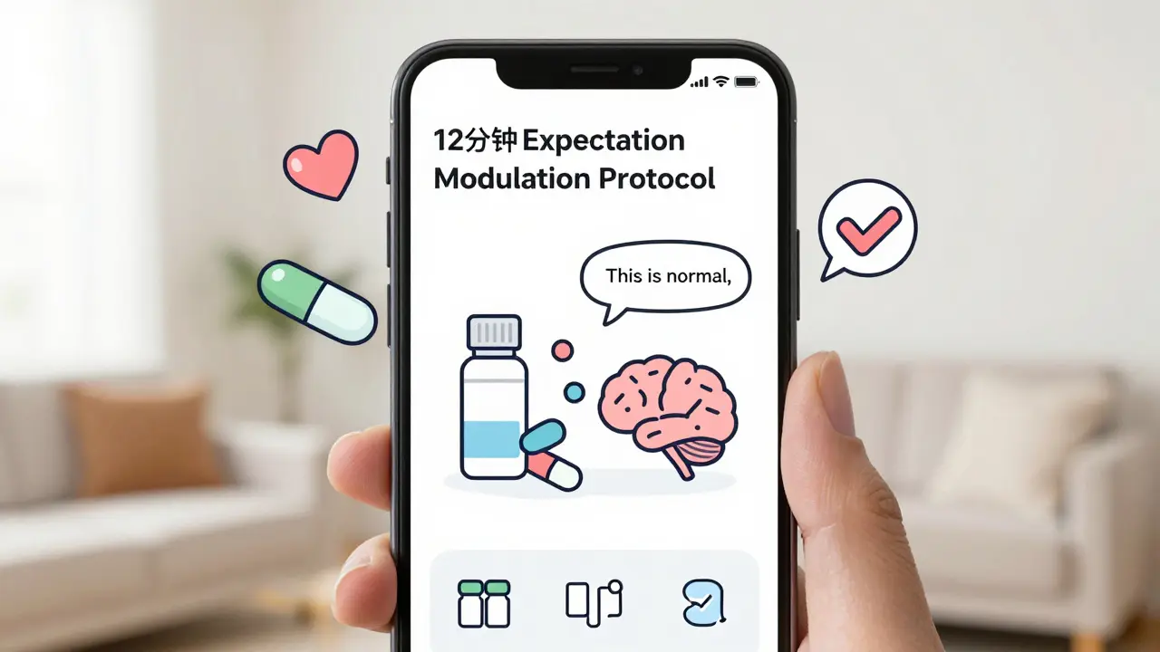 A smartphone displays a calming app guide about switching to generic medication with animated pills.