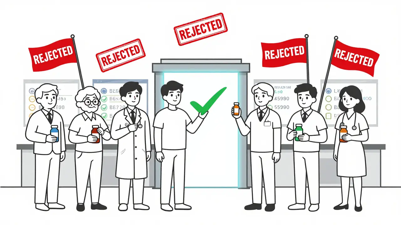 Diverse group approaching a verification portal as fake pharmacy warnings are rejected with checkmarks.