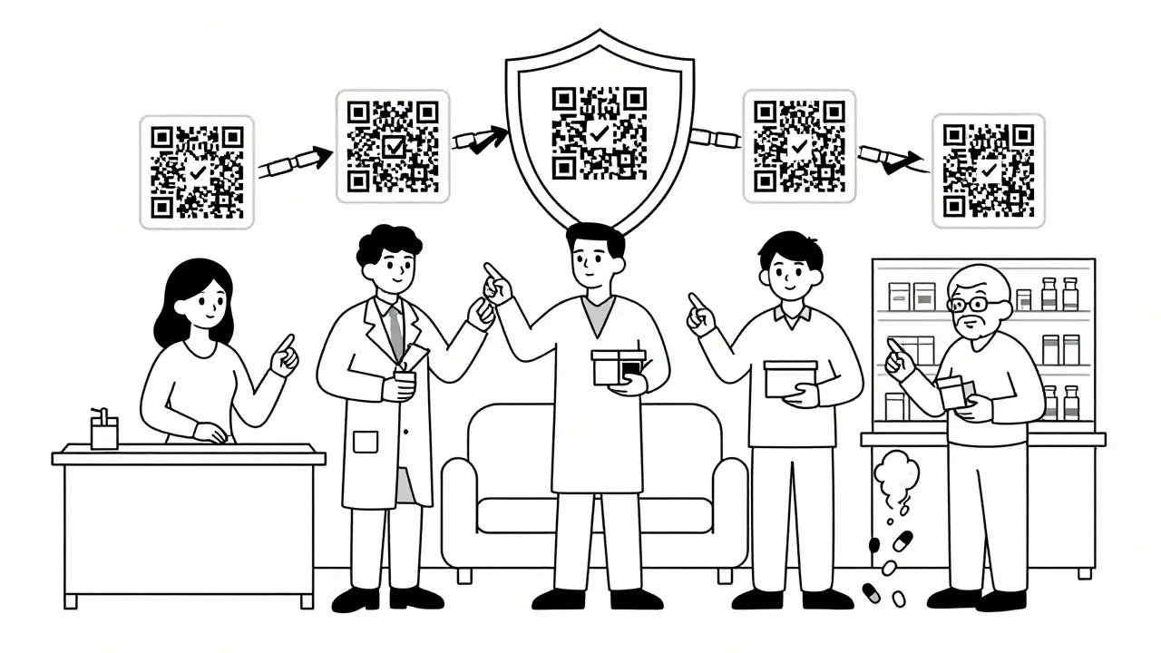 Diverse people verifying medicine authenticity, with fake pills dissolving and QR codes forming a protective shield.