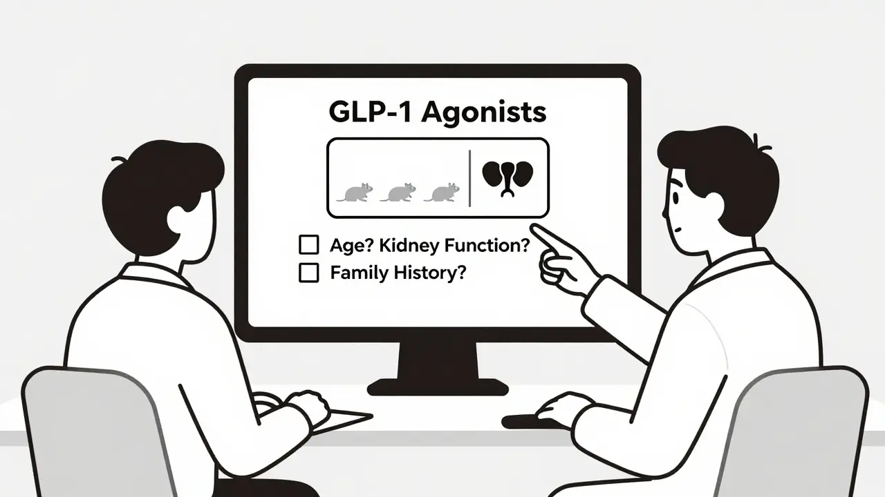Doctor and patient reviewing a digital boxed warning on an EHR screen with checklist.