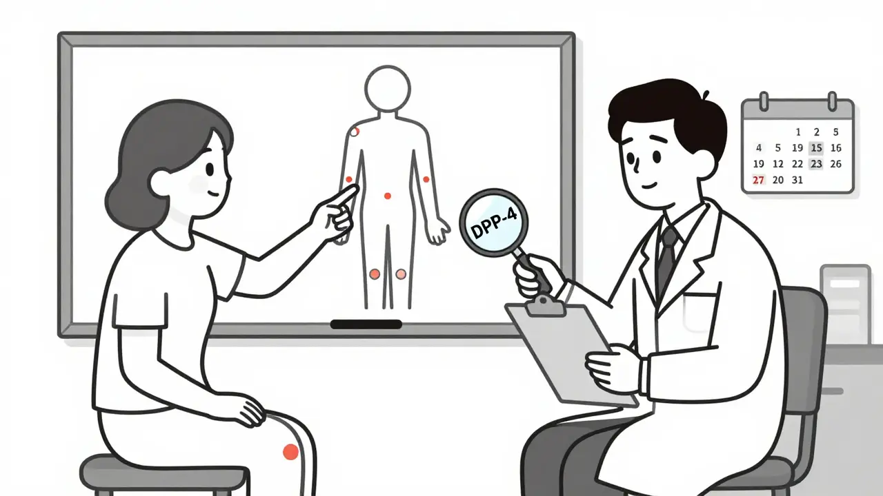 Doctor and patient reviewing joint pain points on a whiteboard, monoline style
