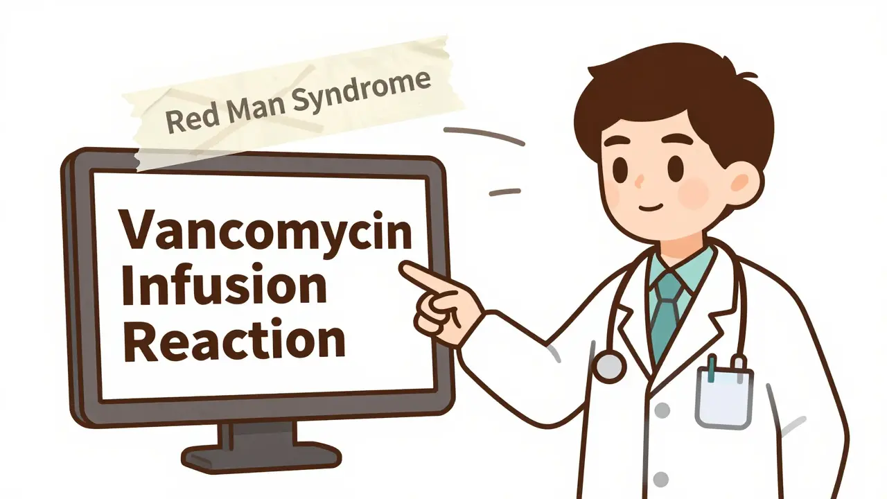 Doctor correcting medical terminology from 'Red Man Syndrome' to 'Infusion Reaction'.