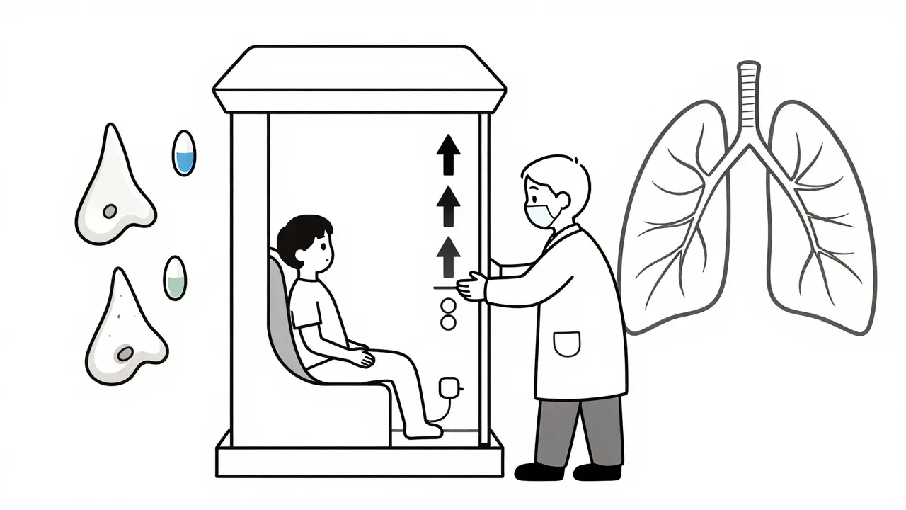 Doctor guiding patient through aspirin desensitization process with visual symbols of improving airways.