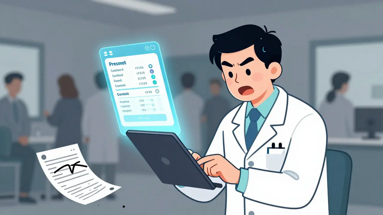 Doctor using an e-prescription tablet with clear digital info while paper script falls away.