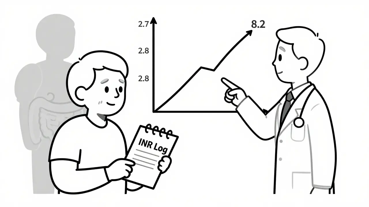 Elderly patient and doctor reviewing an INR spike graph with a faint bleeding shadow.