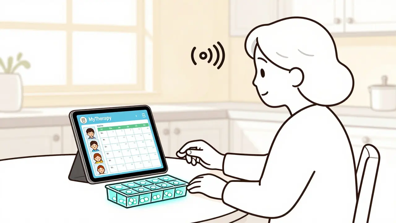 Elderly woman at kitchen table with pill organizer and tablet showing weekly medication chart, family icons visible.