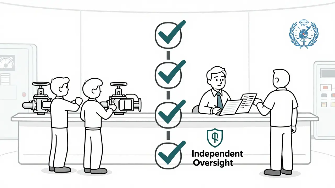 Four-layered oversight system in a nuclear facility, with independent QA clearly separated from operators and managers.
