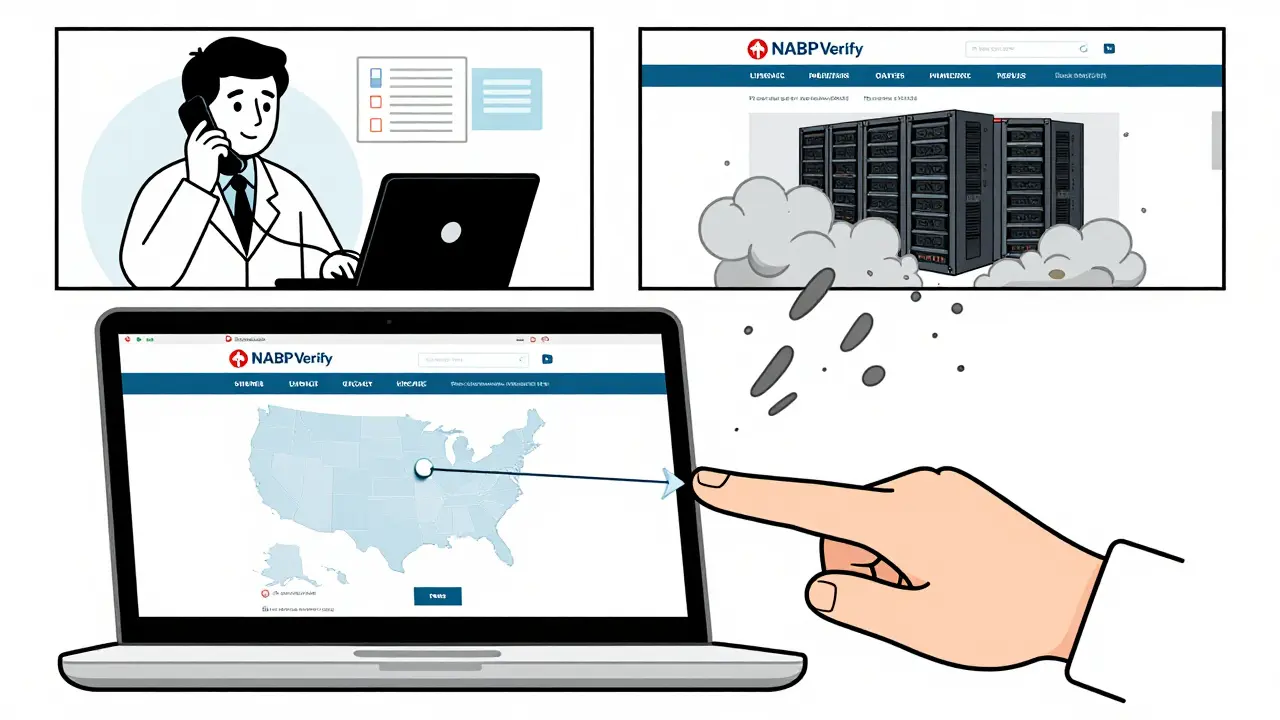 Hand clicking NABP Verify website with real-time state license connections and fake pharmacy collapsing.