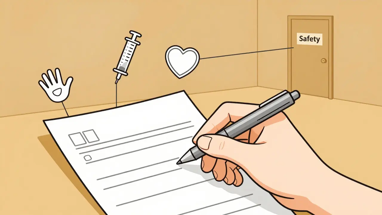 Hand filling out reporting form with symbolic icons of child, syringe, heart, and shield.