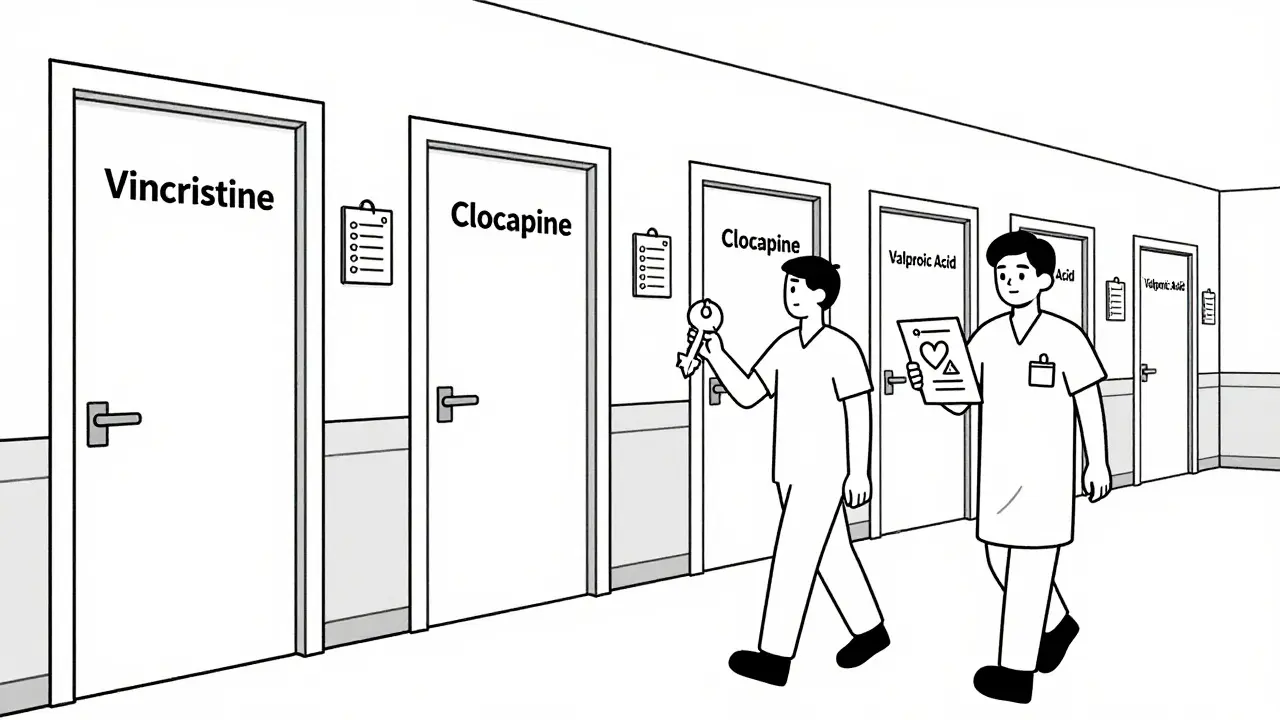 Hospital doors with drug names locked by checklists, pharmacist holding key shaped like checkmark.