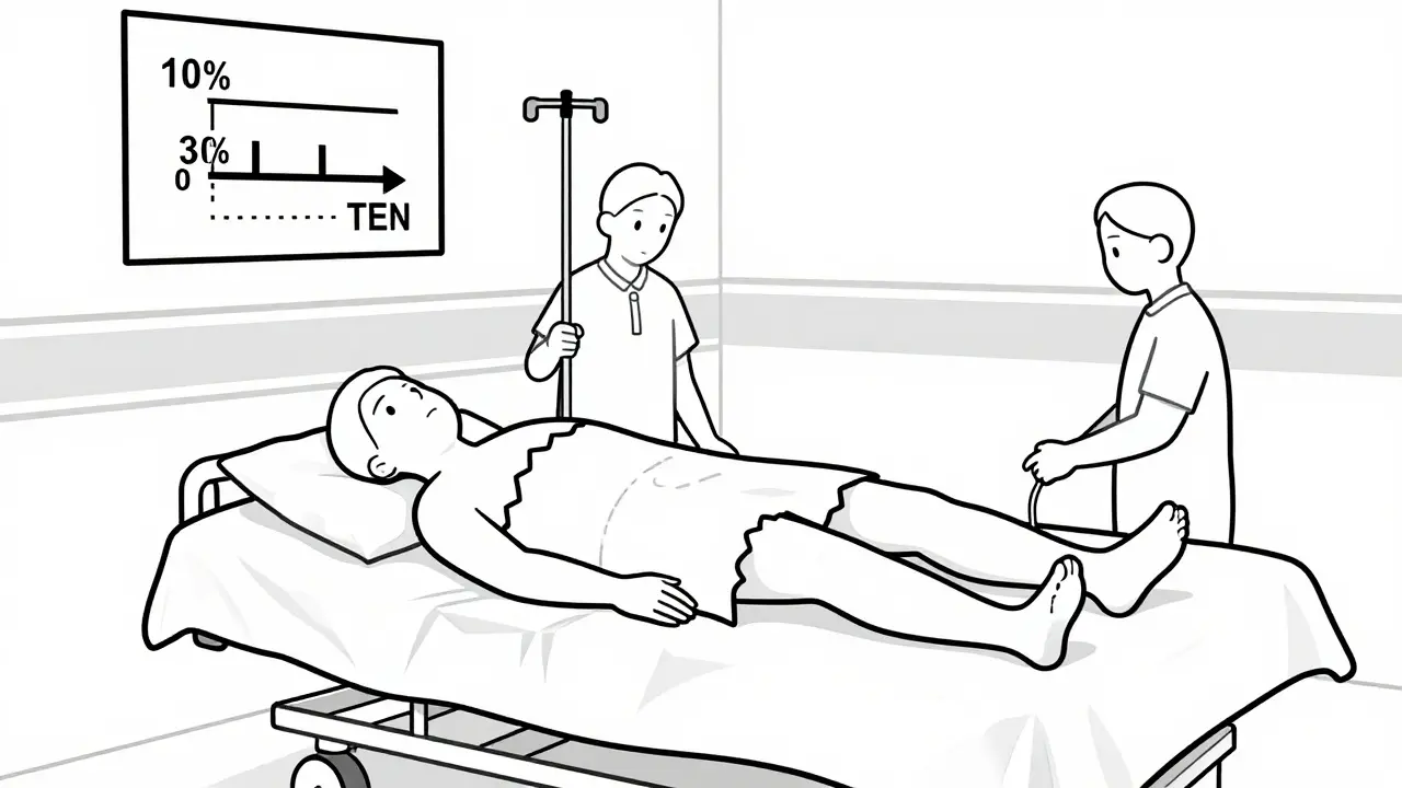 Hospital patient with大面积 skin loss, medical staff nearby, TEN percentage chart visible