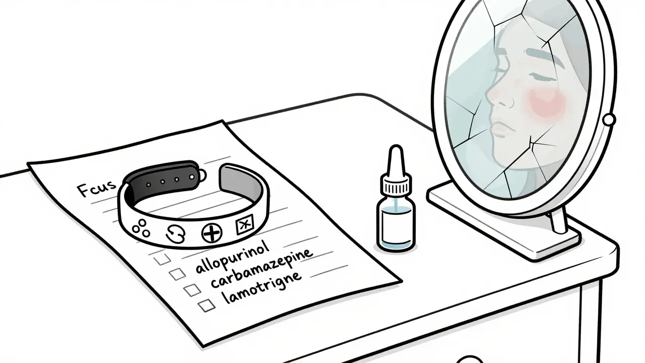 Medical alert bracelet with drug names and list of forbidden medications, monoline illustration