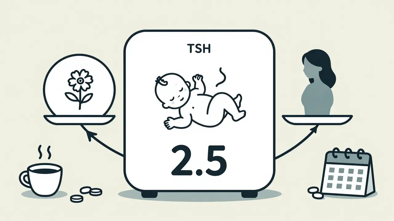 Medical scale balancing miscarriage symbol against healthy baby, TSH at 2.5, woman taking medication for prevention.