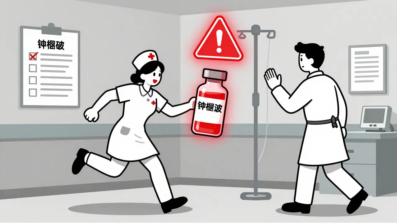 Nurse about to administer dangerous potassium chloride, stopped by colleague due to safety concern.