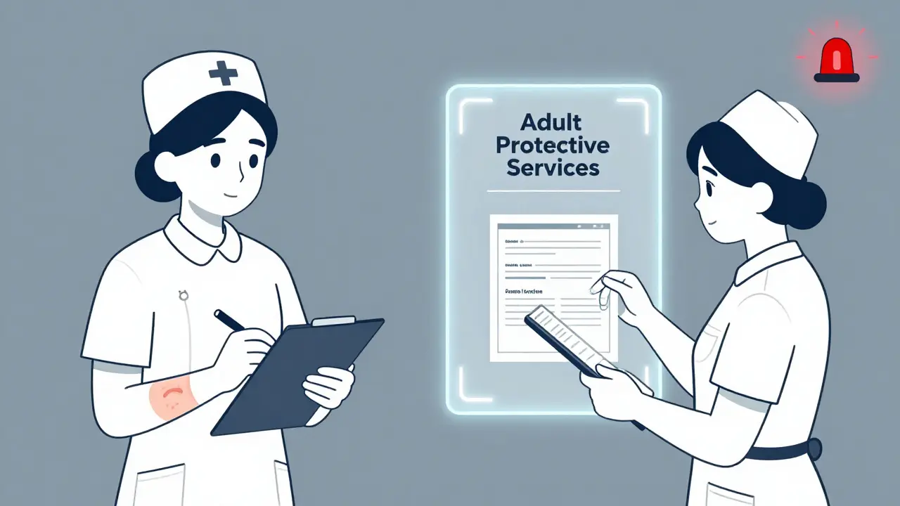 Nurse documenting elder abuse and submitting report through digital portal.