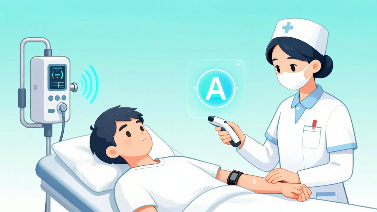 Nurse using barcode scanner and smart pump with AI alert for medication safety in modern hospital.