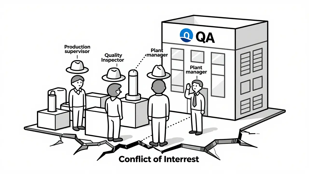 One overwhelmed worker juggling three roles in a small plant, while a third-party QA firm stands strong and separate.