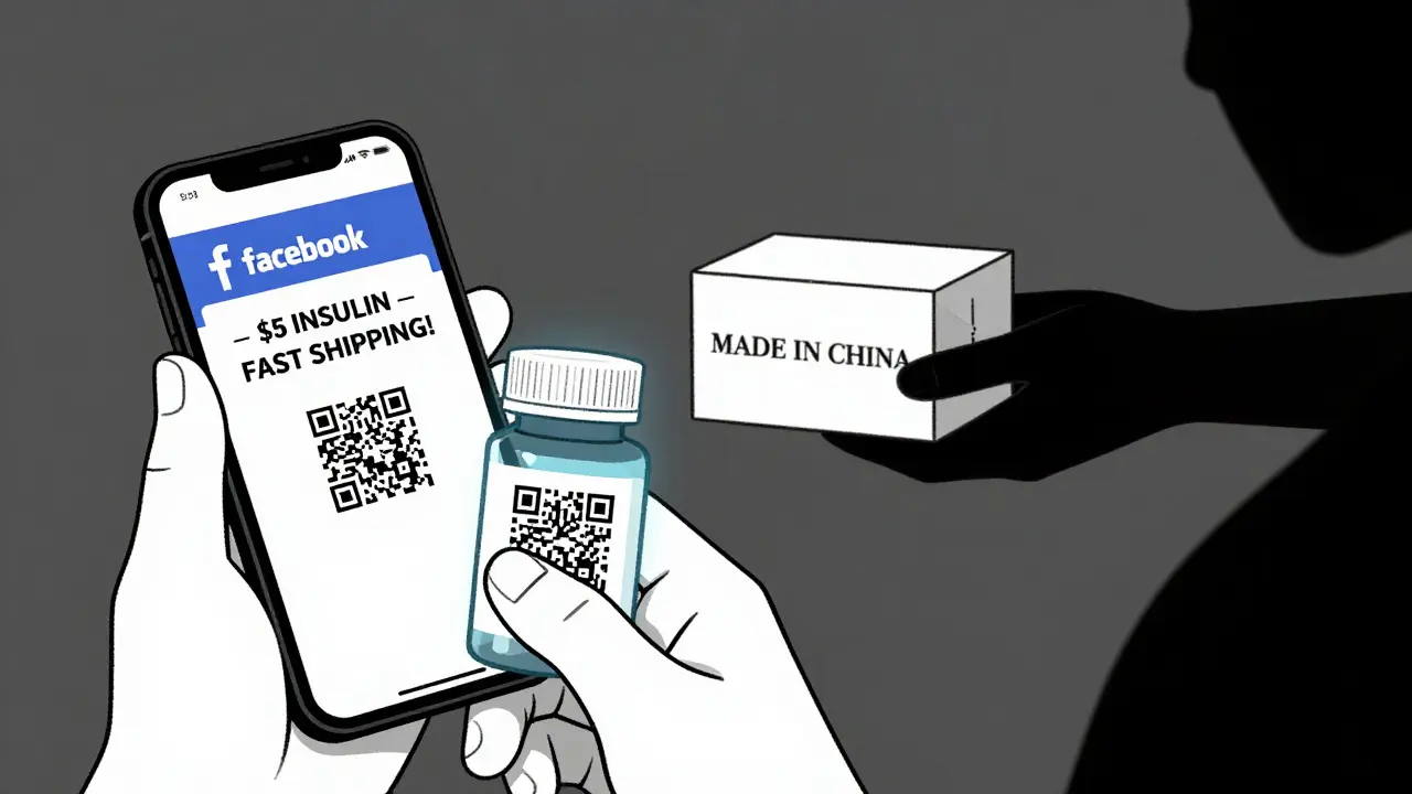 Person buying pills from a suspicious Facebook ad, while a real medicine with QR code glows safely beside them.