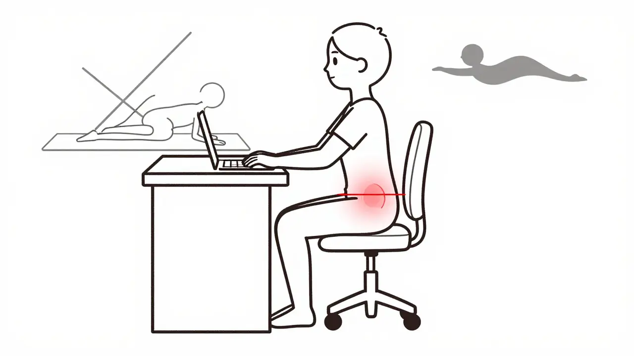 Person sitting correctly at a desk with raised chair and lumbar cushion, avoiding hip pressure.