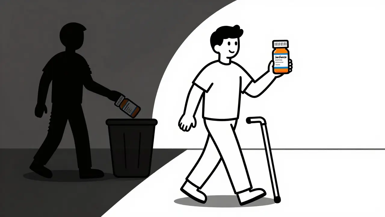 Person walking freely with new medication, old pill discarded, monoline style