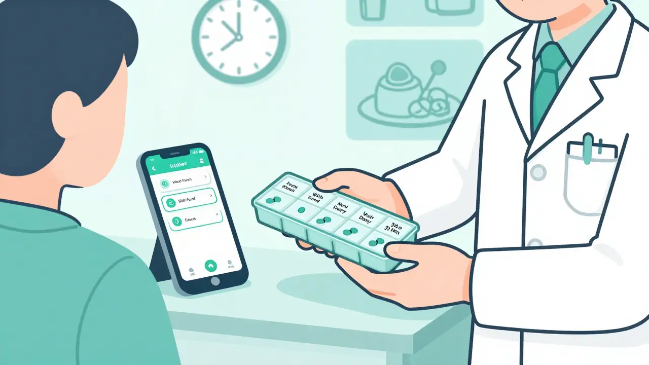Pharmacist guiding patient with labeled pill organizer and food-timing app.