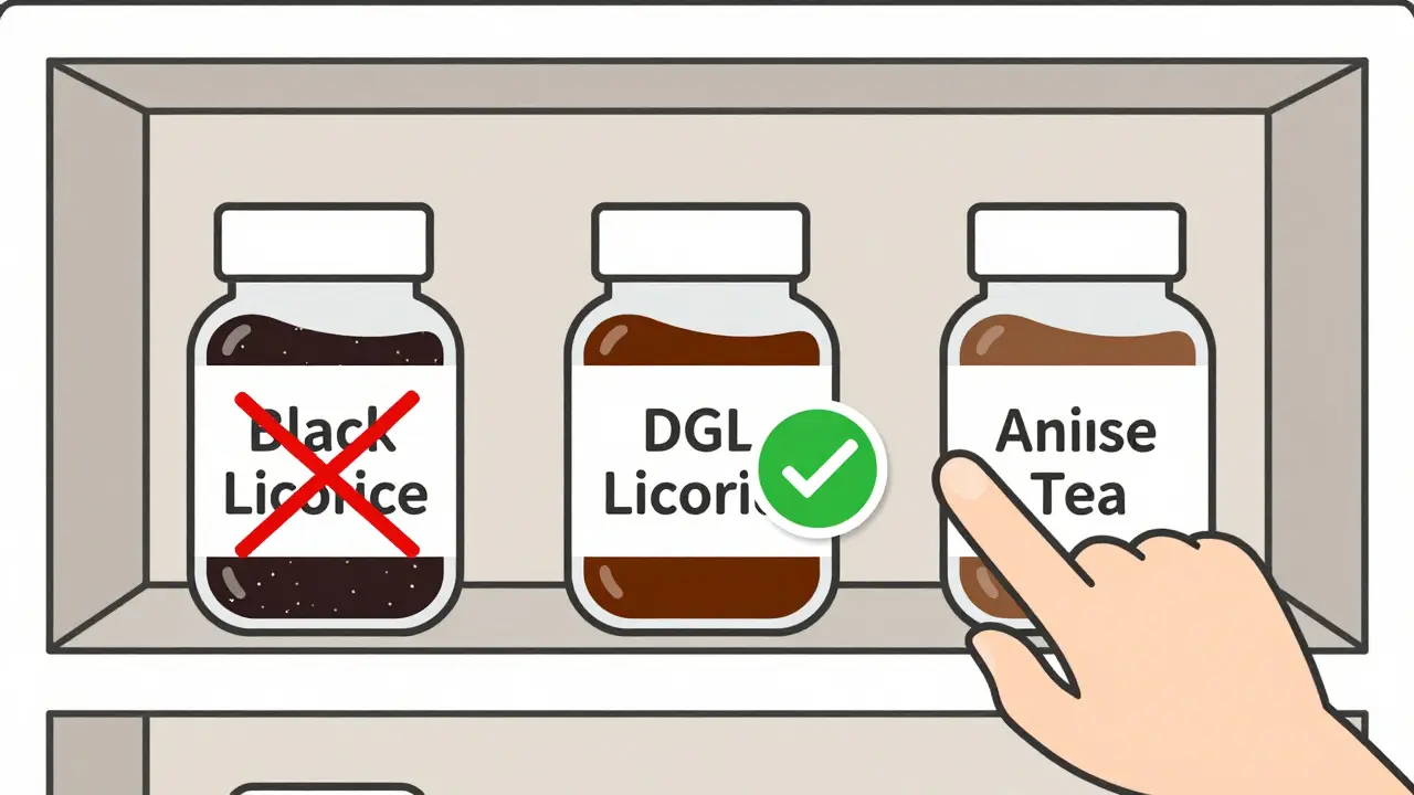 Pharmacy shelf with labeled jars showing safe and unsafe licorice alternatives.