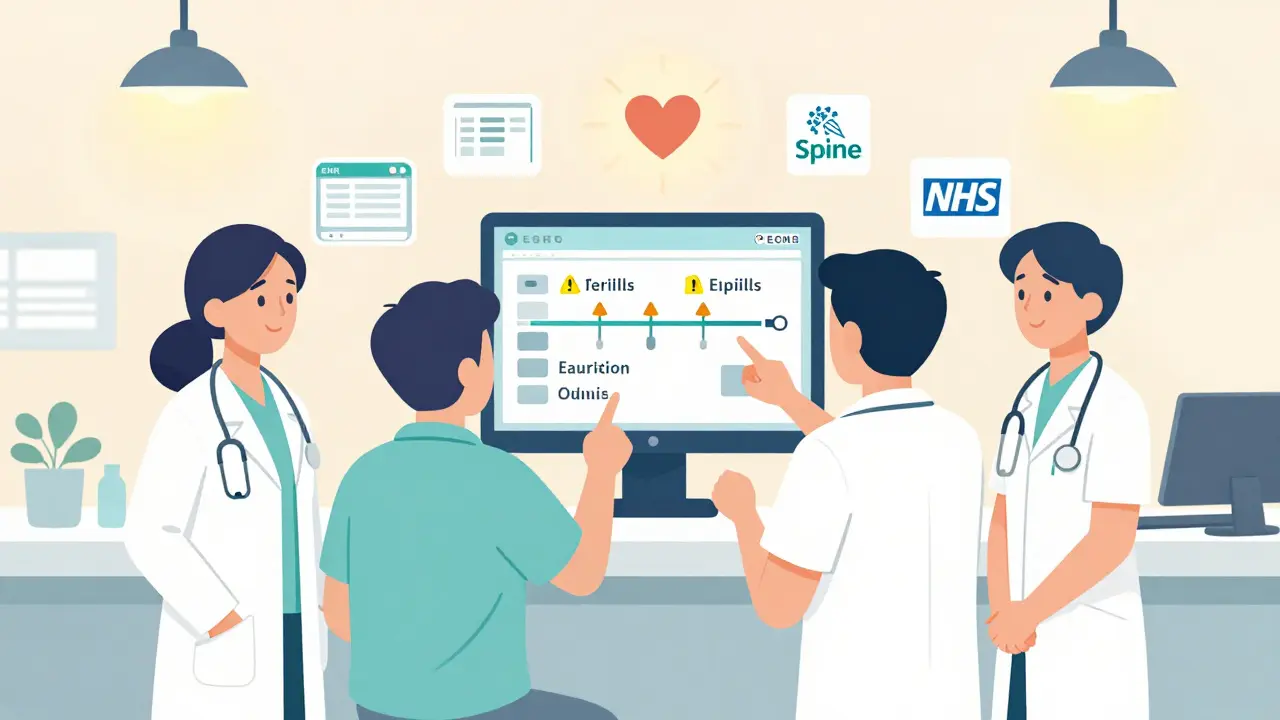 Pharmacy team reviewing a digital medication timeline with warning alerts.