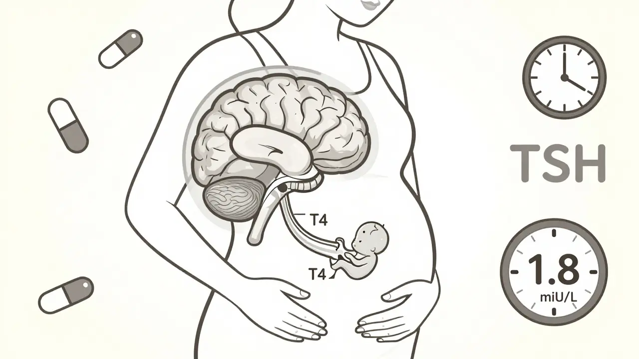 Pregnant woman with transparent fetal brain receiving thyroid hormones, TSH level at 1.8 mIU/L, levothyroxine pills nearby.