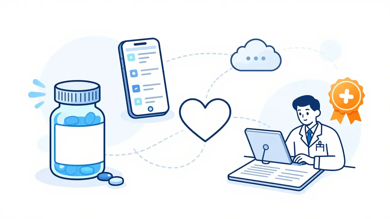 Smart pill bottle syncing with phone and doctor’s tablet, connected by lines to a central heart symbol.