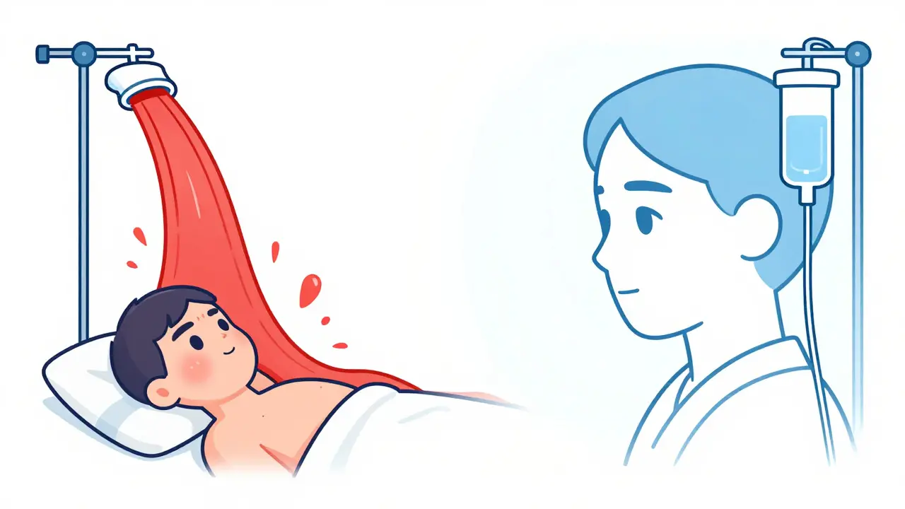 Split illustration: fast vs. slow vancomycin infusion, showing redness and calm contrast.