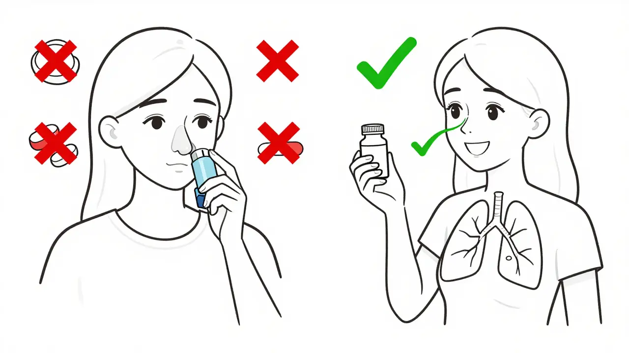 Split illustration showing banned NSAIDs with Xs and safe alternatives with checkmarks for asthma patients.