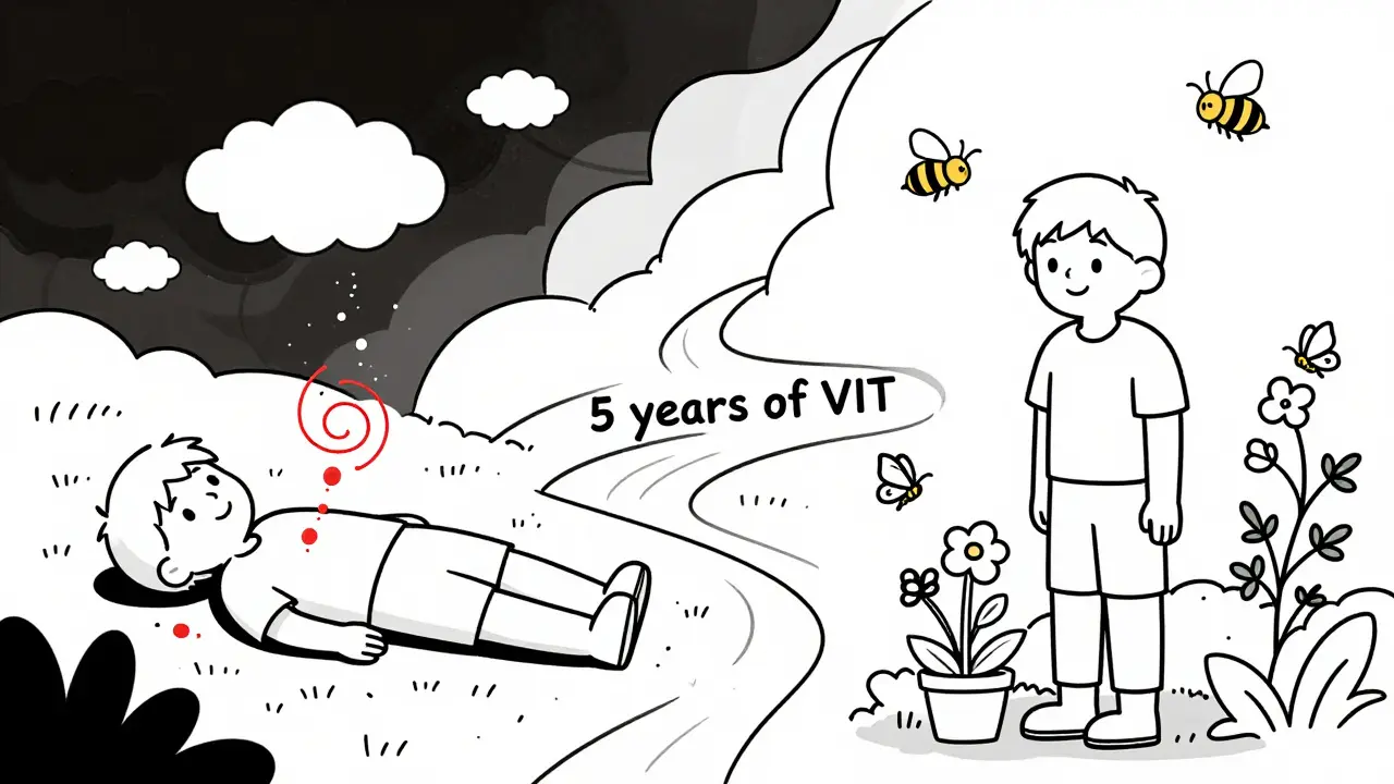 Split scene: allergic reaction vs. life after successful venom immunotherapy.
